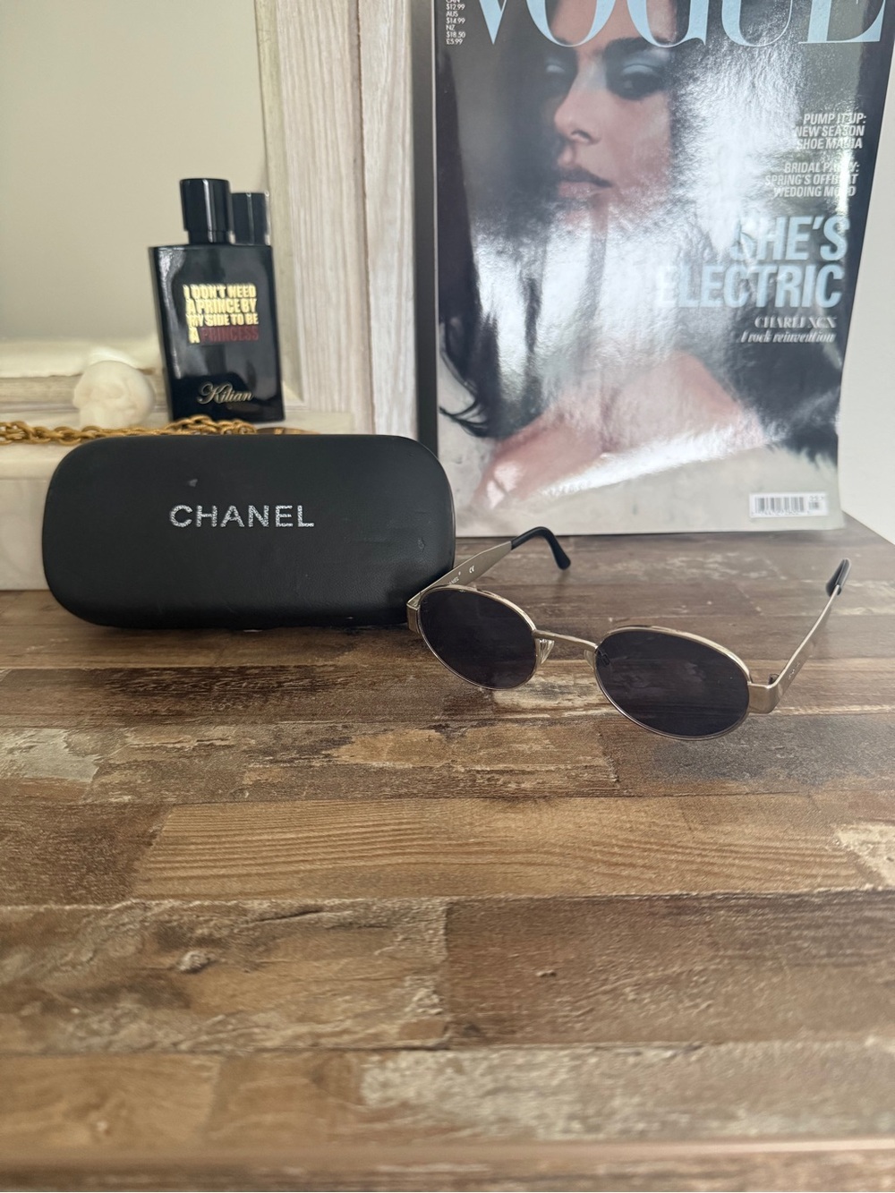 Authentic Chanel Oval Sunglasses Silver Tone Dark Lenses w/ Case